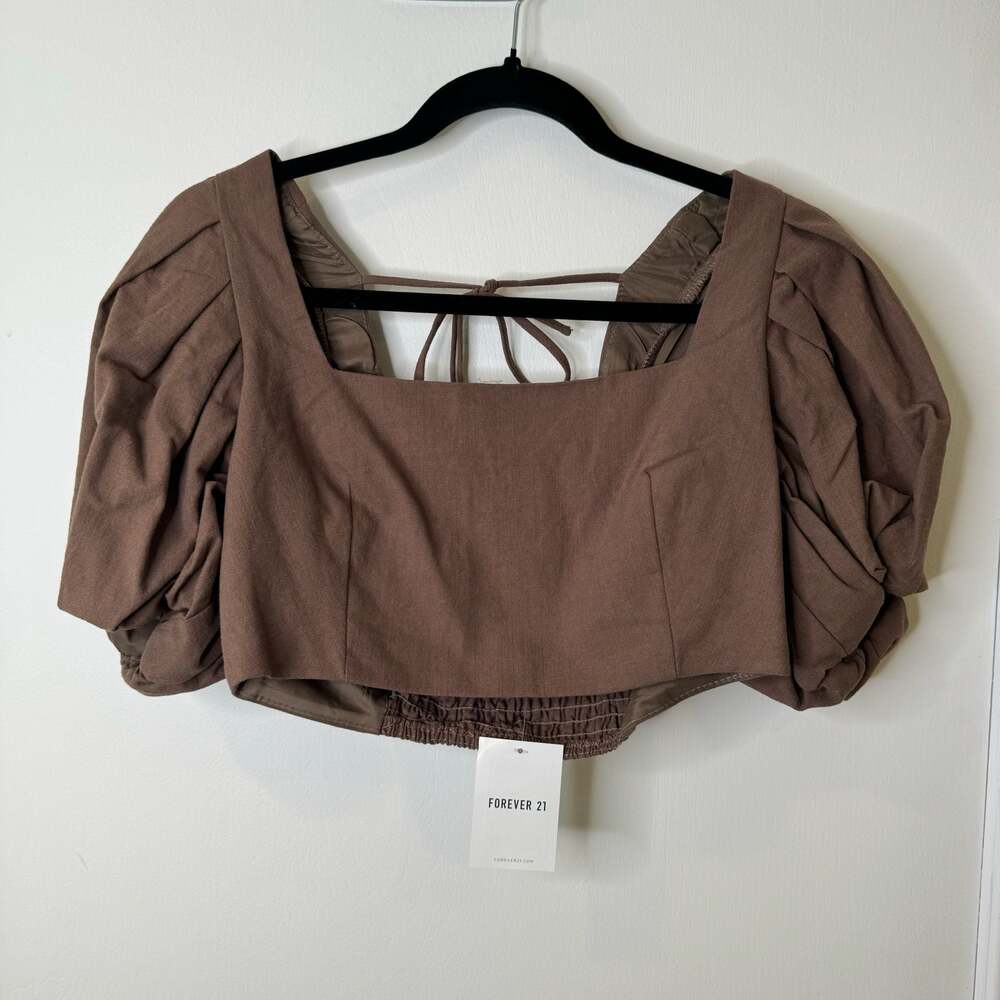 Forever 21 Brown Woven Square Neck Puff Sleeve Smocked Crop Top